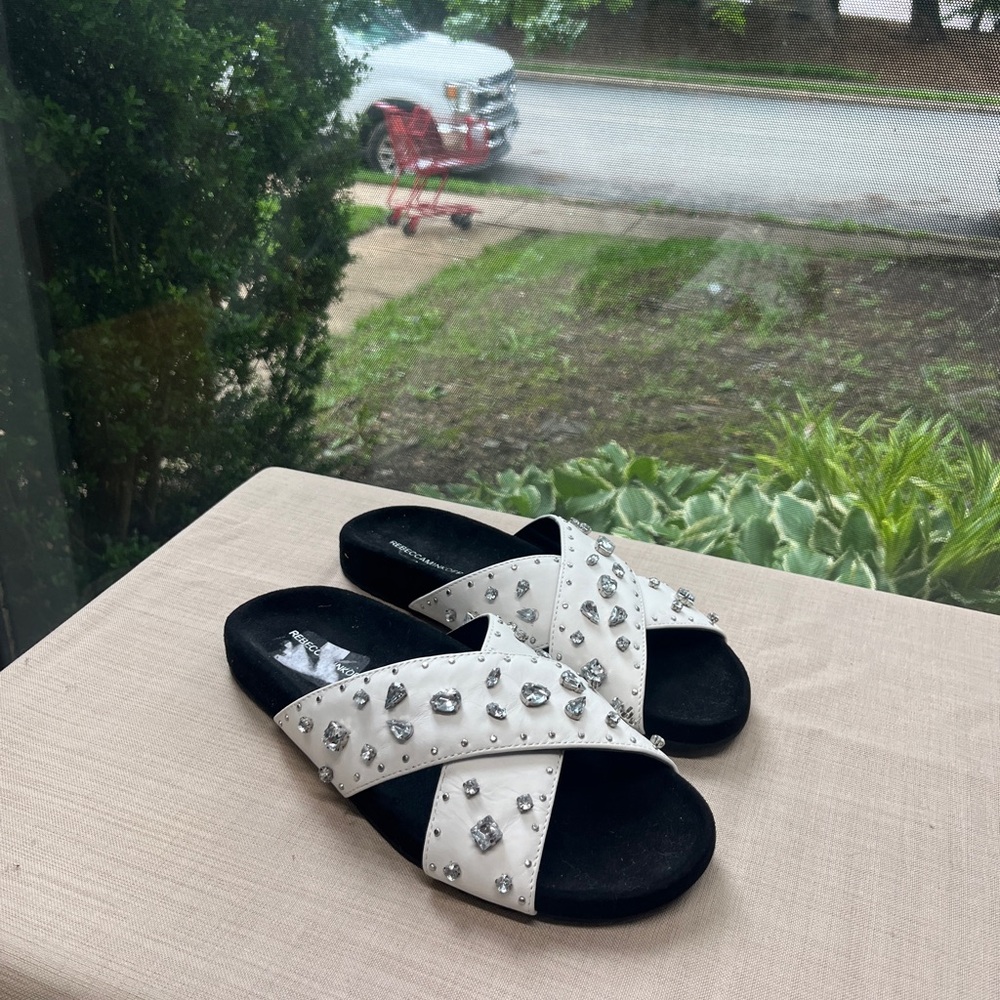 Rebecca Minkoff White and Black Studded Slides